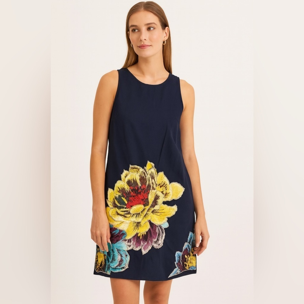 Anthropologie Maeve Posie blue floral embroidered shift dress size large linen
